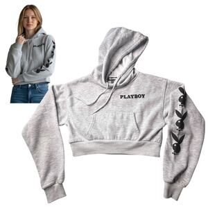 Playboy Cropped Hoodie Womens Small Sweatshirt Gray Black Bunny Logo Cotton Poly